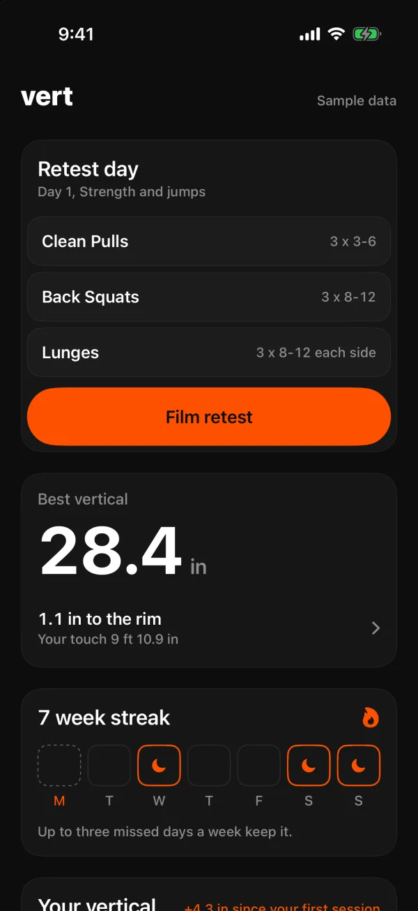 Vert home screen: retest day, best vertical 28.4 in, 1.1 in to the rim