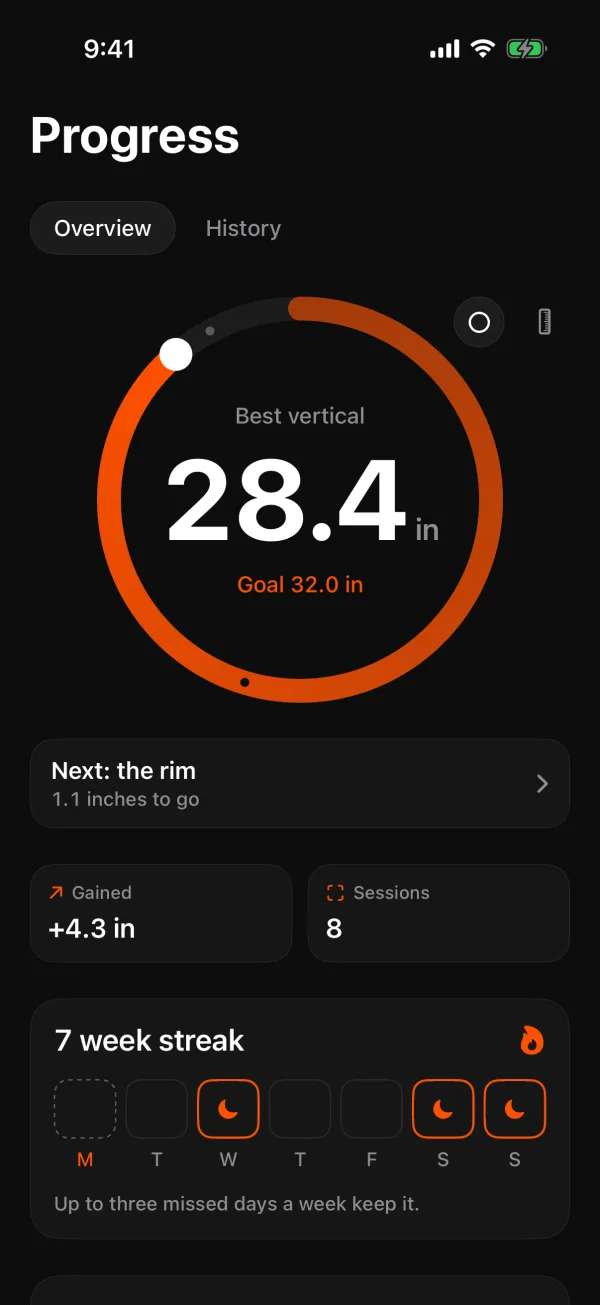 Progress: best vertical 28.4 in, goal 32.0 in, next the rim, 1.1 inches to go